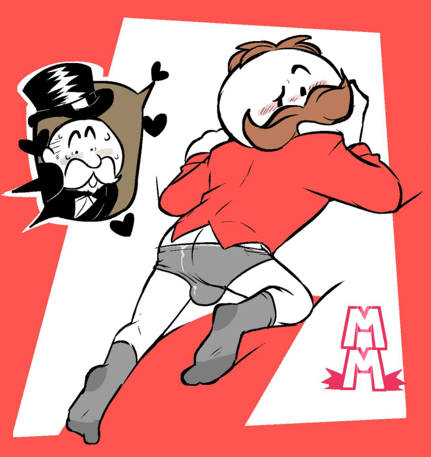 bald_man brown_hair bulge embarrassed gay grey_socks grey_underwear hasbro hat julius_pringles male_only monopoly moustache naughtybassard old_man pringles rich_uncle_pennybags showing_off simple_background socks suprised_look teasing toony torquewintress