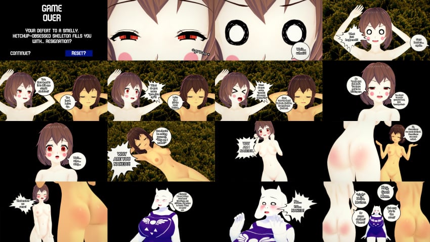 3d 3d_(artwork) ass breasts chara color comic dialogue embarrassed embarrassed_nude_female english english_dialogue english_text female_chara female_frisk frisk knockwolf naked_female nude_female pussy tagme text toriel uncensored uncensored_breasts undertale undertale_(series)