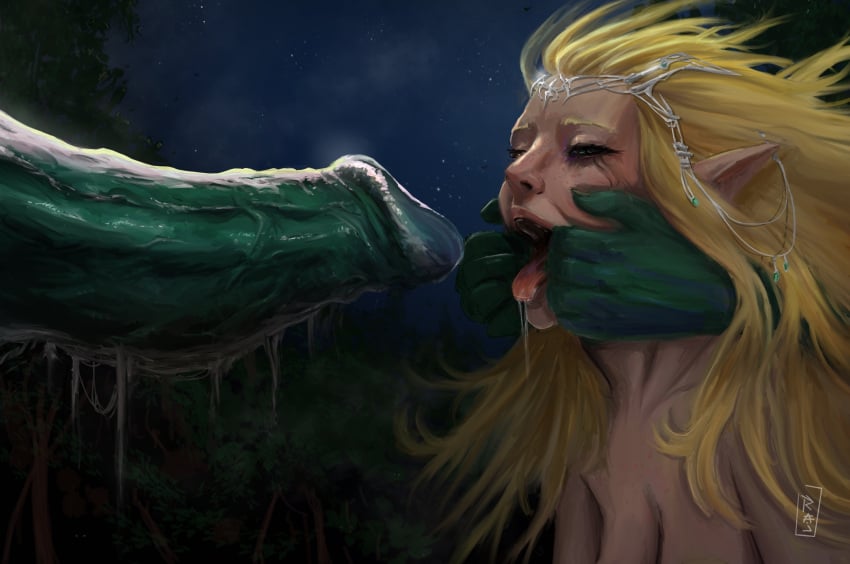 blonde_hair elf elf_female elf_girl erection female female_focus galadriel green_skin imminent_oral impossible_fit large_penis lord_of_the_rings makeup_running monster_cock nature_background night night_sky open_mouth orc orc_male outdoors penis rajdraw rings_of_power runny_makeup tagme unseen_male_face