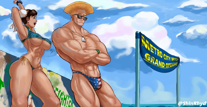 1boy 1girls beach bikini blonde_hair chun-li female guile jockstrap looking_at_each_other male muscle_girl muscles muscular_male outside rhydwyn shinrhydwyn street_fighter sunglasses swimsuit