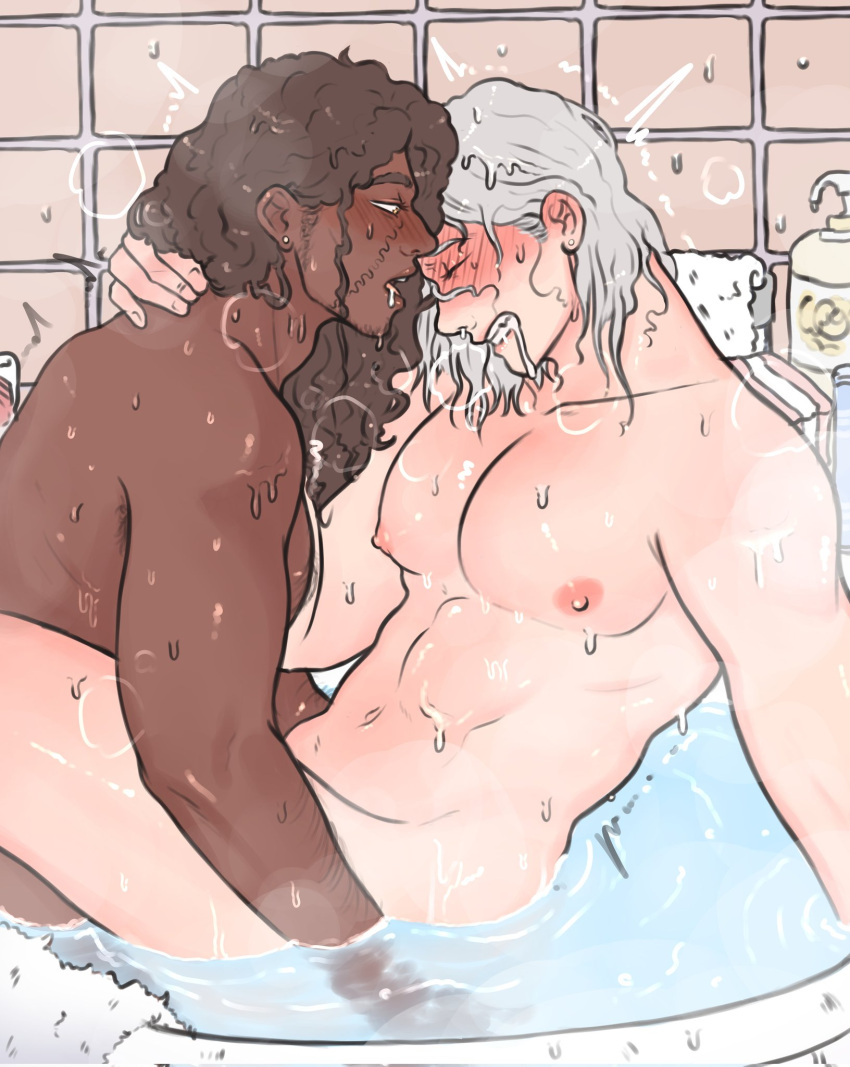 2boys anal ass bacchyarts bath bathroom bathtub blush closed_eyes dark-skinned_male dark_skin gay implied_sex interracial jean_pierre_polnareff jojo's_bizarre_adventure male male_focus male_only mohammed_avdol multiple_boys muscular muscular_male nude pectorals sex stardust_crusaders water wet yaoi