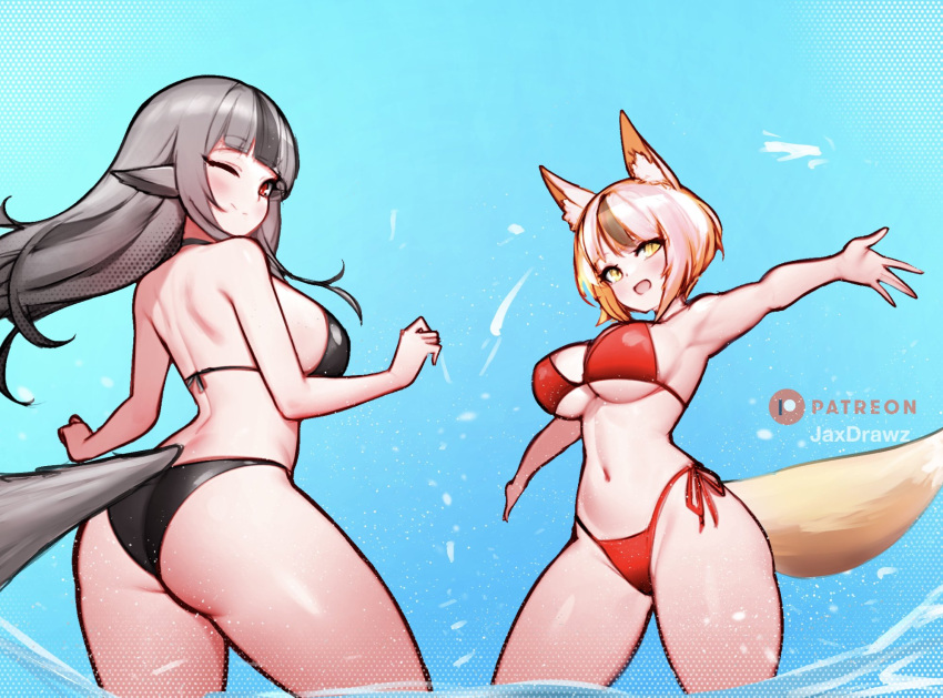 2girls alternate_costume animal_ears ass big_ass bikini black_bikini black_swimsuit female female_only fire_emblem fire_emblem_fates fox_girl hair_streak jaxartdump multiple_girls nintendo outdoors red_bikini red_swimsuit selkie_(fire_emblem) swimsuit velouria_(fire_emblem) wolf_girl