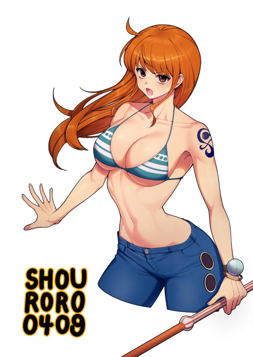 2d big_breasts bikini bikini_top bro cleavage female female_only hourglass_figure jeans light-skinned_female light_skin long_hair looking_at_viewer nami one_piece open_mouth orange_hair pale-skinned_female pale_skin post-timeskip shouroro slim_waist solo striped_bikini tattoo underboob wide_hips