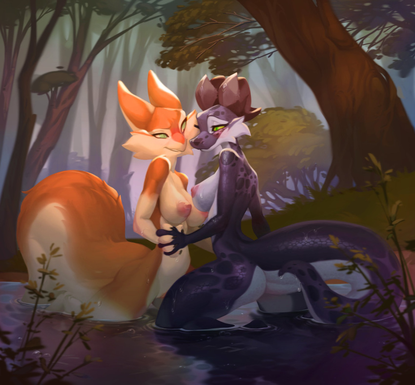 anthro blue_body blue_scales breasts cheek_tuft duo facial_tuft female female/female fluffy fluffy_tail forest fur furred_kobold genitals green_eyes hand_holding hi_res horn kobold mammal merkury nipples nude orange_body orange_fur partially_submerged plant pussy scales scalie smile standing_in_water tail tisha_(bdmon) tree tuft vivian_(bdmon)