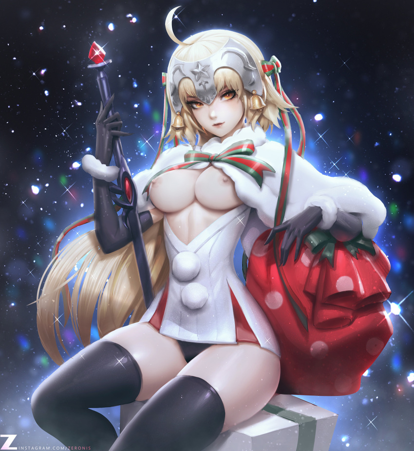 1girls aged_up black_legwear breasts christmas fate/grand_order fate_(series) hat jeanne_d'arc_(alter)_(fate) jeanne_d'arc_(alter_santa_lily) jeanne_d'arc_(fate)_(all) looking_at_viewer santa_hat sitting snow solo thighs yellow_eyes zeronis