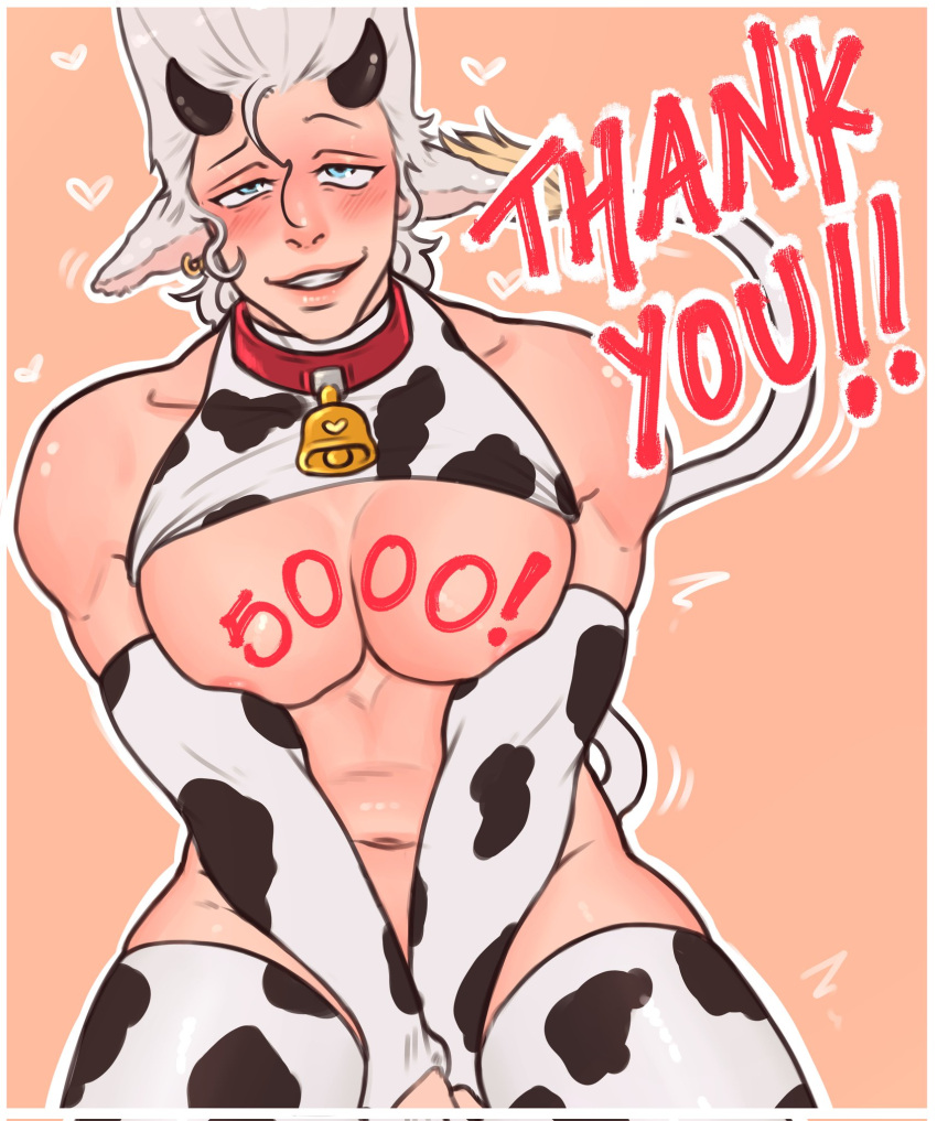 1boy abs animal_ears animal_print bacchyarts blue_eyes blush cow_ears cow_horns cow_print cow_tail cowbell elbow_gloves gay gloves grey_hair heart horns jean_pierre_polnareff jojo's_bizarre_adventure large_pectorals looking_at_viewer male male_focus male_only muscular muscular_male navel nipples pectorals smirk solo stardust_crusaders tail thighhighs thighs