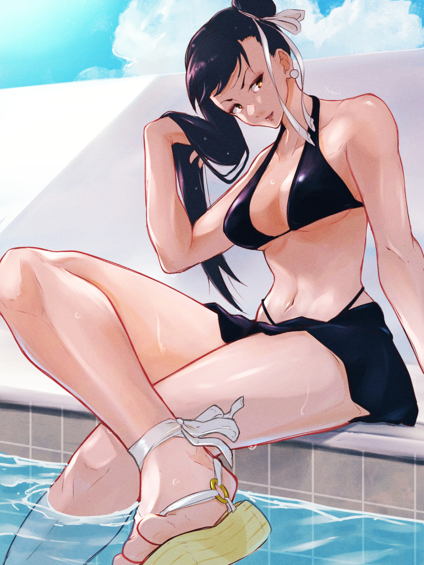 1girls ankle_ribbon bikini black_bikini black_hair blue_sky breasts brown_eyes capcom chun-li cloud commentary_request earrings feet female female_only foot_out_of_frame fully_clothed hair_bun hair_half_undone hair_ribbon highres jewelry leg_ribbon legs long_hair looking_at_viewer navel outdoors pool poolside ribbon sandals signature skirt sky smile soaking_feet solo street_fighter swimsuit toes water wet white_ribbon yuenibushi