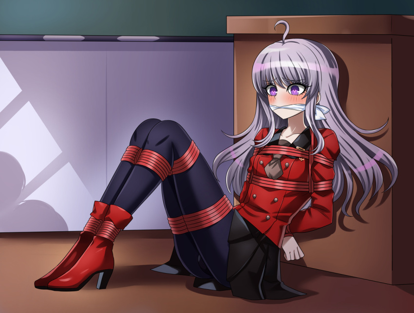 1boy ahoge blush bondage cloth_gag collarbone crossdressing femboy high_heel_boots high_heels izuru_planetes leggings light_purple_hair male male_only master_detective_archives:_rain_code purple_eyes red_shirt restrained school school_uniform solo tied_up trap yuma_kokohead