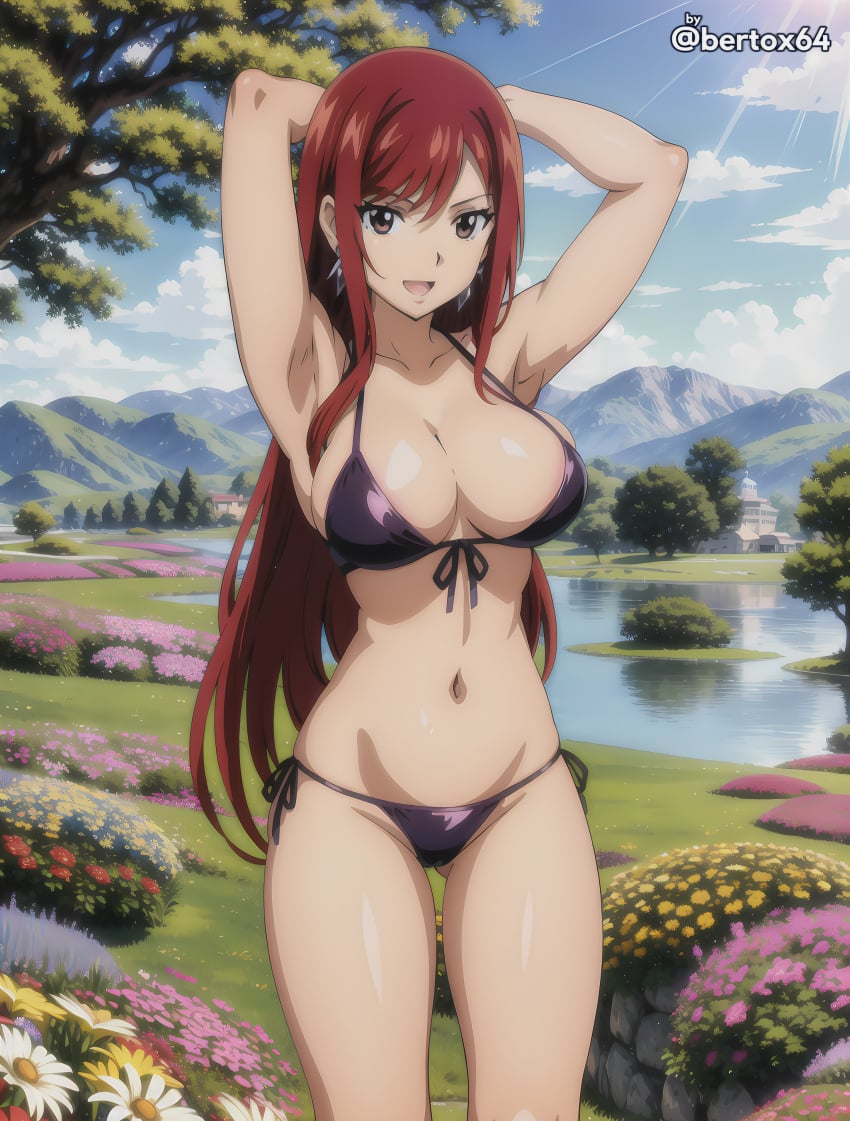 1girls ai_generated armpits arms_behind_head bertox64 big_breasts bikini brown_eyes busty cleavage erza_scarlet fairy_tail female female_only large_breasts legs looking_at_viewer navel pose posing sensual sexy_armpits smile solo thighs