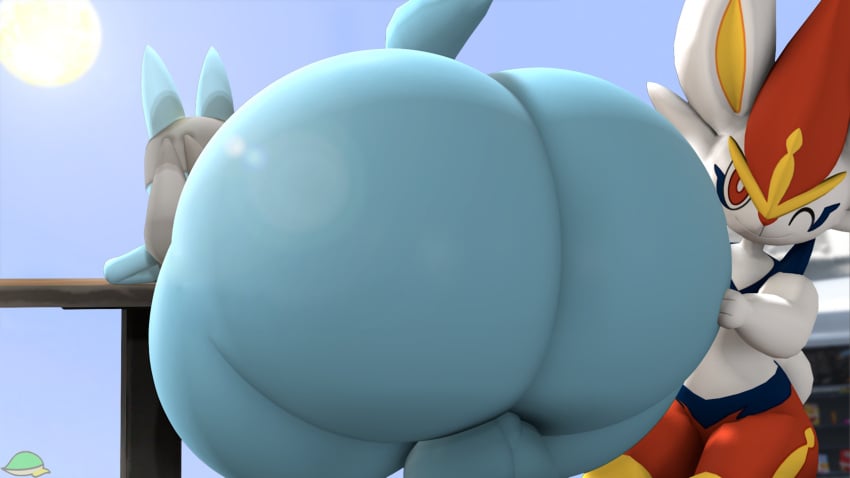 2023 3d_(artwork) ass balls big_balls big_butt blue_body bubble_butt butt_focus cindablimp cinderace digital_media_(artwork) duo generation_4_pokemon generation_8_pokemon genitals hand_on_butt hi_res huge_butt lucario male nintendo one_eye_closed pokemon pokemon_(species) red_body source_filmmaker white_body wink