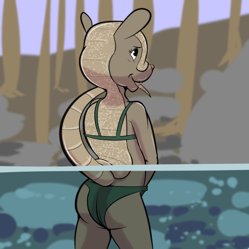 anthro armadillo bikini clothing female forest hand_in_bottomwear kaylee_(study_partners) mammal masturbation partially_submerged partially_underwater_shot pink_nose plant solo study_partners swimwear tail thunderouserections tree underwater water xenarthran