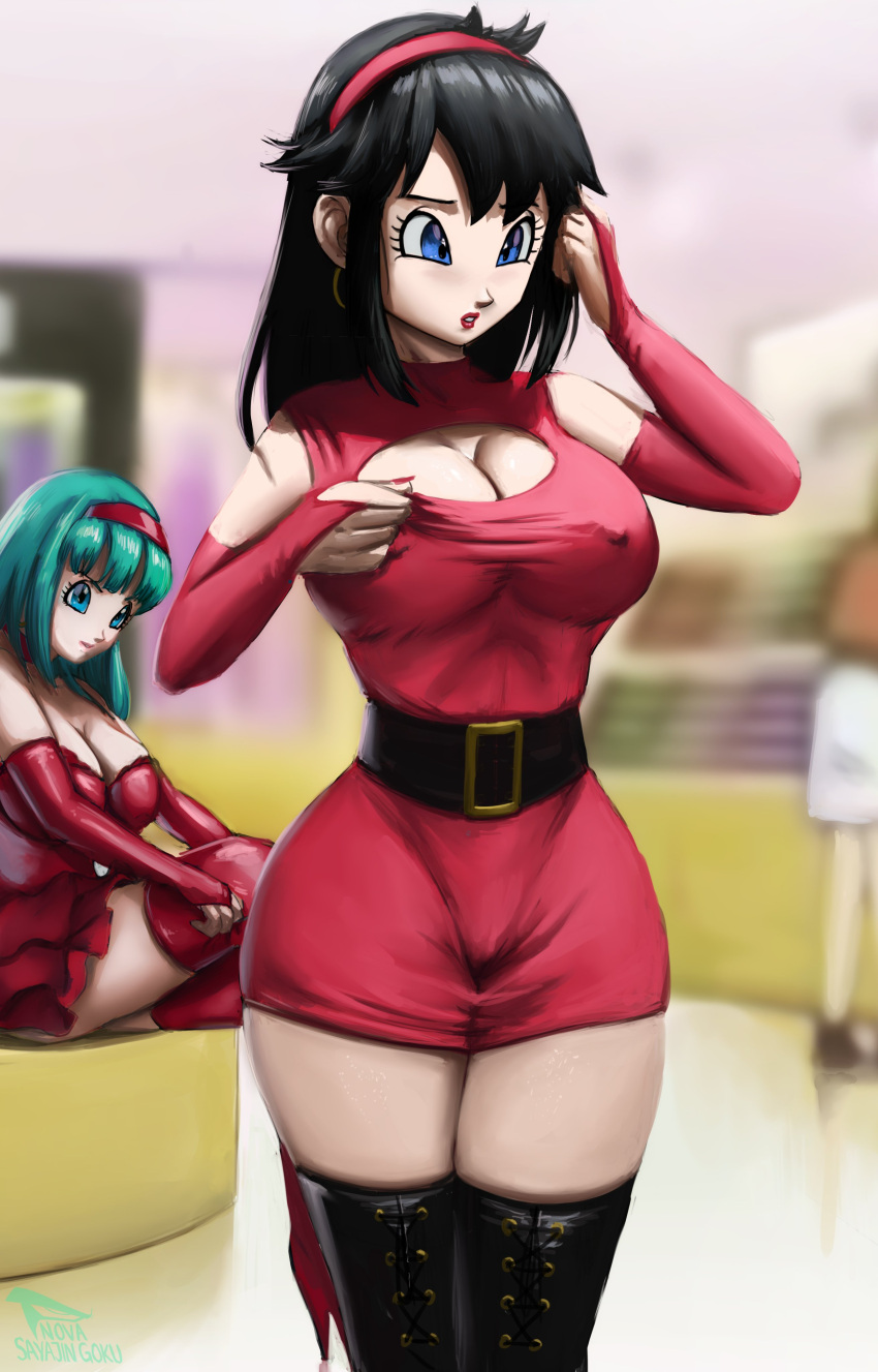 2girls belt black_hair blue_eyes blue_hair bra_(dragon_ball) bra_briefs dragon_ball dragon_ball_gt dragon_ball_super earring hairband large_breasts lipstick messy_hair nipples_visible_through_clothing novasayajingoku skirt thighhighs thighs tight_clothing tight_dress videl videl_(dragon_ball_super)