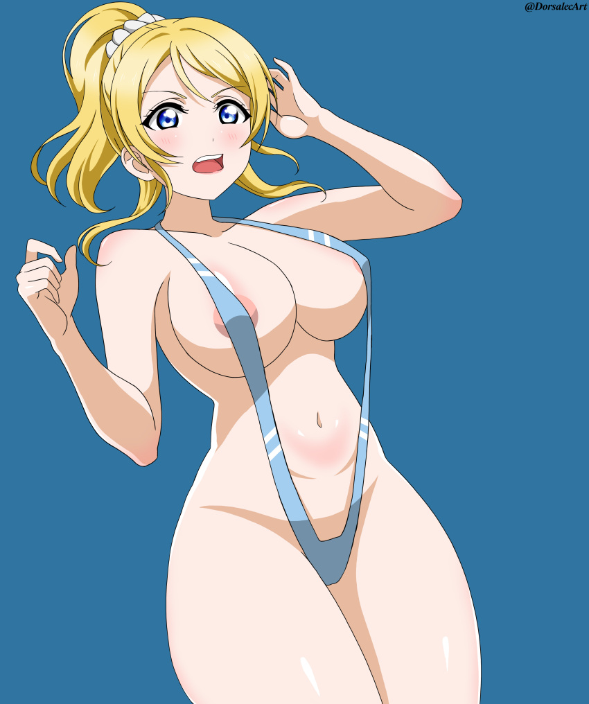 1girls absurd_res areola_slip areolae artist_name ayase_eli big_breasts bikini blonde_hair blue_background blue_eyes blush breasts cleavage dorsalec english_text female female_only flustered hi_res large_breasts love_live! love_live!_school_idol_project navel nipples one-piece_swimsuit open_mouth paid_reward_available ponytail revealing_clothes scrunchie simple_background skimpy_clothes sling_bikini swimsuit