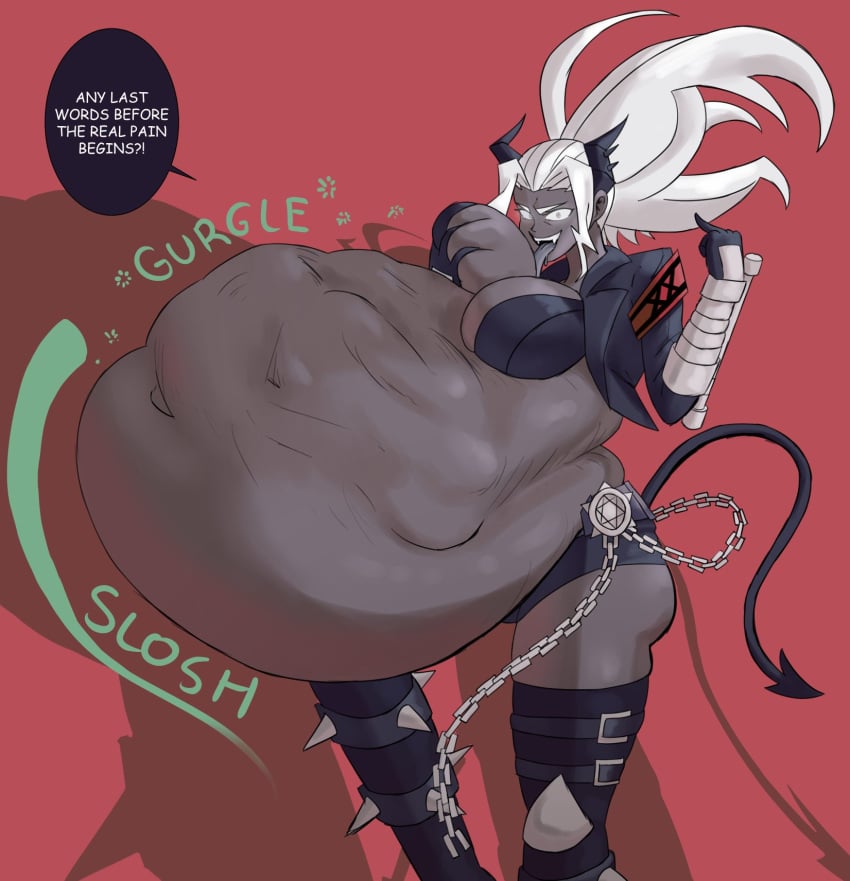 ambiguous_gender ambiguous_prey ass belly belly_bigger_than_body belly_bigger_than_head big_belly big_breasts big_butt breasts demon demon_girl demon_tail digestion fat_rolls female_pred grey_skin helltaker implied_digestion jorts judgement_(helltaker) middle_finger post_vore sharp_teeth squeezing_breast tail thighs tongue tongue_out vore vore_belly white_eyes white_hair yemeyami