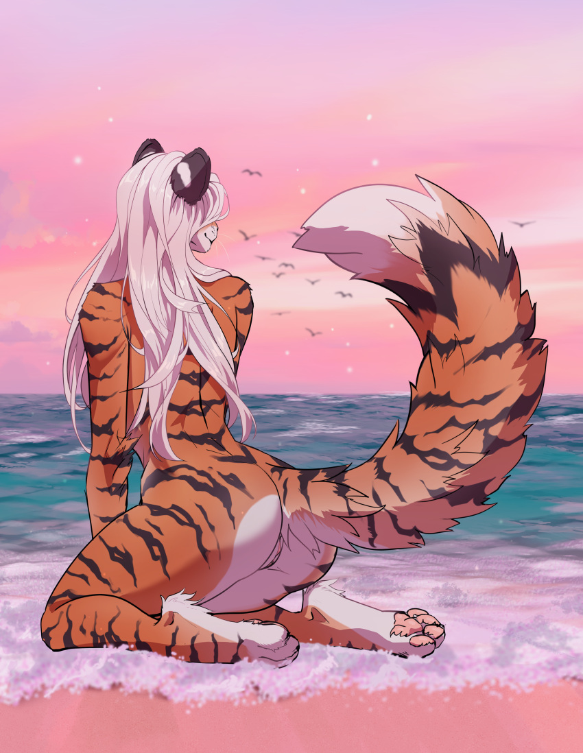 absurd_res anthro beach felid female fur genitals hair hi_res lynjox mammal multicolored_body multicolored_fur nude pantherine posing_for_picture pussy sea seaside smile solo striped_body striped_fur stripes sukena surf tail tiger two_tone_body two_tone_fur water white_body white_fur white_hair