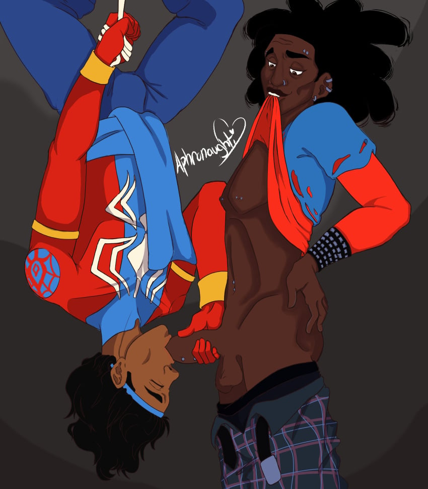 2boys aphronaughti blowjob blowjob_face dark-skinned_male gay gay_blowjob hobart_brown hobie_brown interracial marvel marvel_comics nsfw pavitr_prabhakar spider-man spider-man:_across_the_spider-verse spider-man_(series) spider-man_blowjob spider-punk spider_blowjob unmasked upside_down_fellatio yaoi