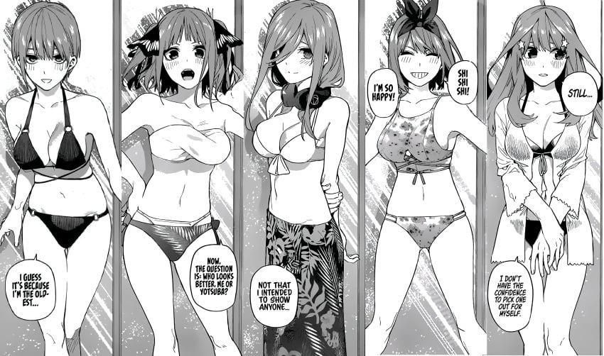 5girls arm_grab arms_under_breasts big_breasts bikini breasts busty cleavage english_text female female_only go-toubun_no_hanayome grin hair_ribbon hand_on_own_hip headphones highres large_breasts legs long_hair looking_at_viewer monochrome nakano_ichika nakano_itsuki nakano_miku nakano_nino nakano_yotsuba navel open_mouth pose posing quintuplets sarong sensual short_hair sideboob sisters smile thighs voluptuous