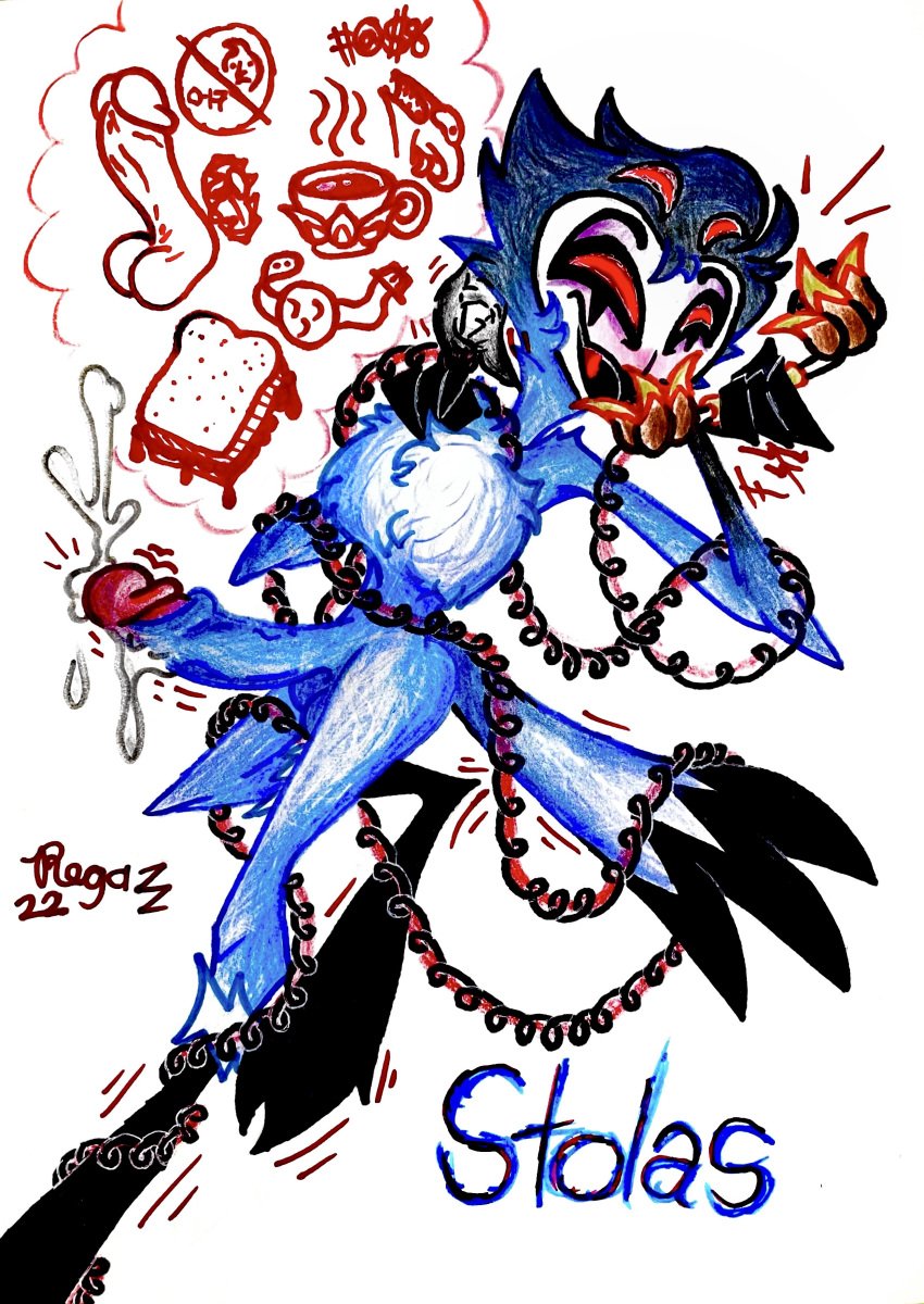 4_eyes absurd_res anthro beak big_breasts blue_body blue_feathers bodily_fluids breasts chest_floof chest_tuft cum cumshot ejaculation feathers fluffy_chest food genital_fluids genitals helluva_boss hi_res landline_phone male multi_eye nude owl_demon penis pervnamedregazz phone phone_call sandwich_(food) smile solo stolas_(helluva_boss) talons tuft wire