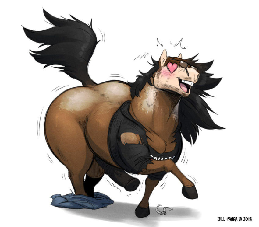 <3_eyes animal_genitalia animal_penis balls black_hair bottomwear bottomwear_down brown_body brown_fur brown_hair clothed clothing equid equine equine_genitalia equine_penis erection eyewear facial_hair feral fur fur_growth genitals gillpanda glasses growth hair heart horse male mammal medial_ring open_mouth pants pants_around_ankles pants_down partially_clothed penis simple_background solo teeth torn_clothing white_background