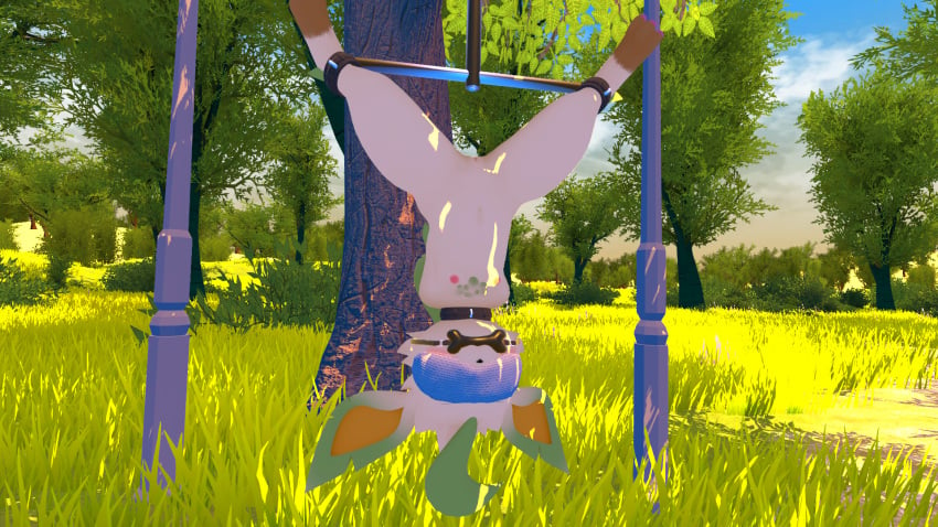 3d 3d_(artwork) blindfold bondage bone bound cuffs female forest_background gag grass leaf_ears leafeon leafeonspirit nintendo nipples pokemon pokemon_(species) public_exposure public_humiliation public_nudity pussy spread_bar suspended suspension tree