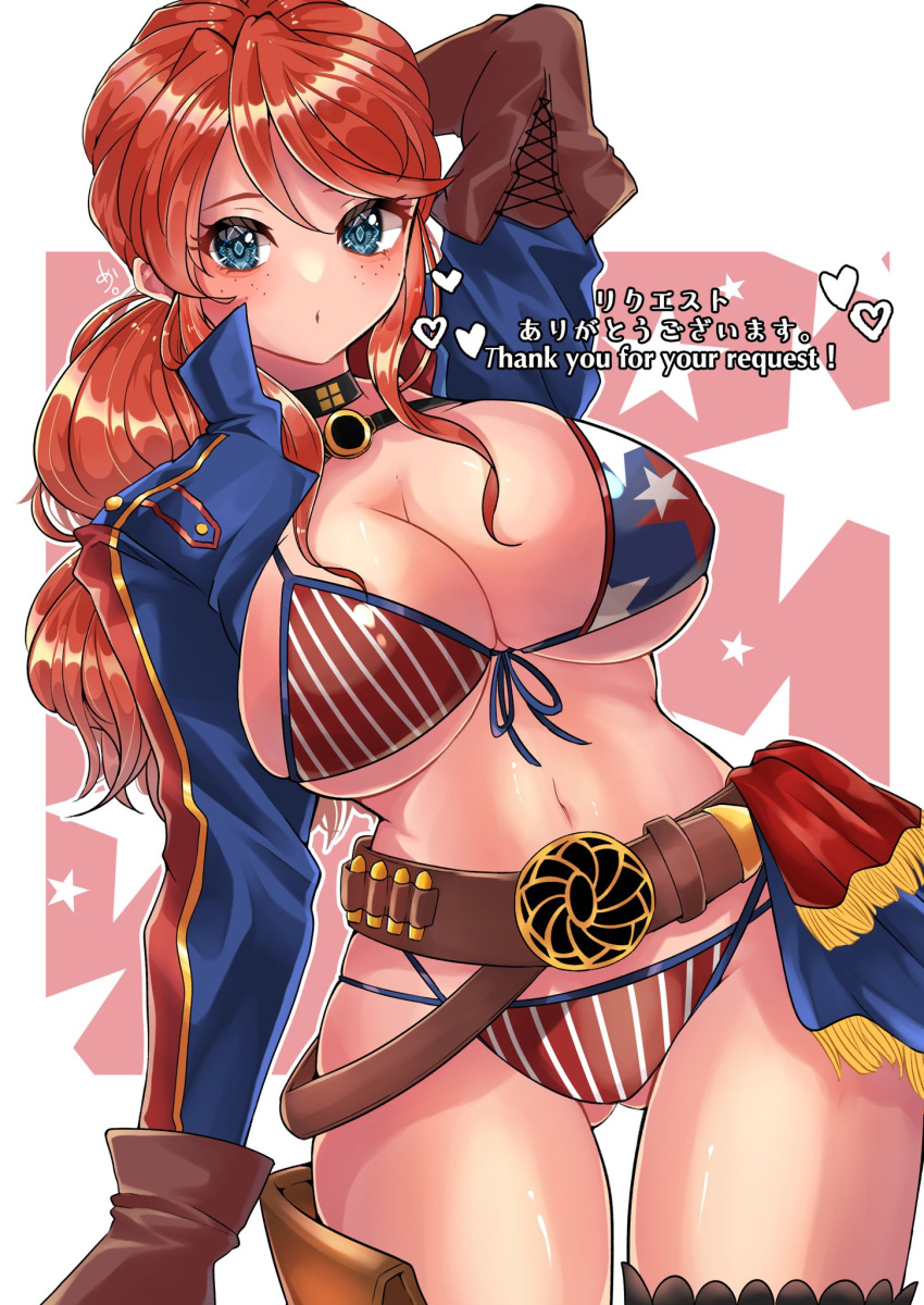 1girls american_flag_bikini arm_behind_head artist_name artist_request big_breasts bikini blue_eyes breasts busty cleavage cosplay fate_(series) female female_only flag_print gemini_sunrise heart highres japanese_text large_breasts legs low_ponytail miyamoto_musashi_(swimsuit_berserker)_(cosplay) navel ponytail pose posing puckered_lips red_hair sakura_taisen sakura_taisen_v sakura_wars sega sensual solo swimsuit thighs