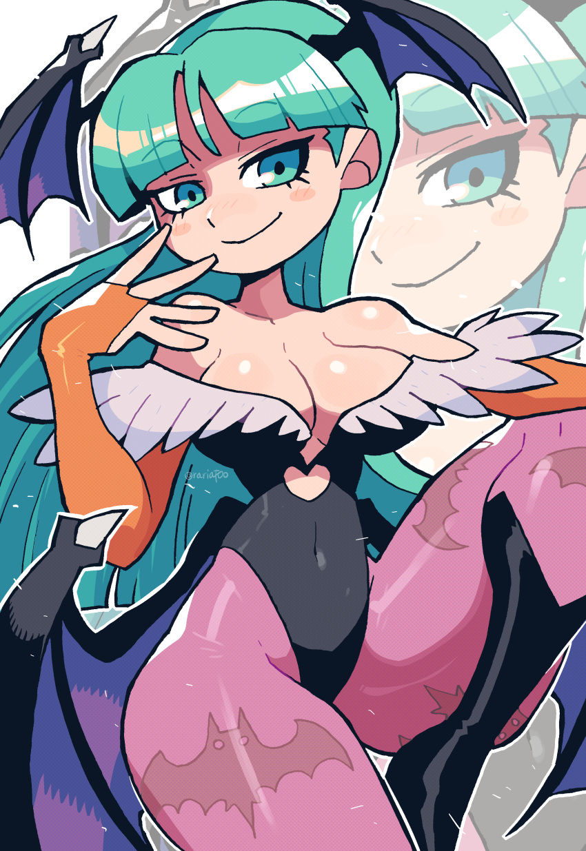 1girls bat_print bent_leg boots capcom clothing crap-man darkstalkers demon_wings female female_only gauntlets green_eyes green_hair head_wings hips_wider_than_shoulders leotard light_blush long_hair looking_at_viewer medium_breasts morrigan_aensland pantyhose pink_pantyhose smiling smiling_at_viewer solo succubus thick_thighs very_high_resolution wide_hips wings