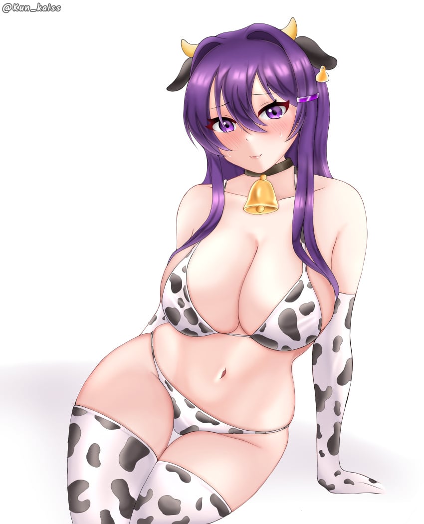 1girls :~ armwear bell_and_collar big_breasts bikini black_collar blush collar collar_and_bell cow_ears cow_print cow_print_armwear cow_print_bikini cow_print_thighhighs cowbell doki_doki_literature_club female headwear kun_kaiss legwear light-skinned_female light_skin looking_at_viewer purple_eyes purple_hair shy smile smiling smiling_at_viewer solo sweat sweating thighhighs trembling_mouth white_background yuri_(doki_doki_literature_club)