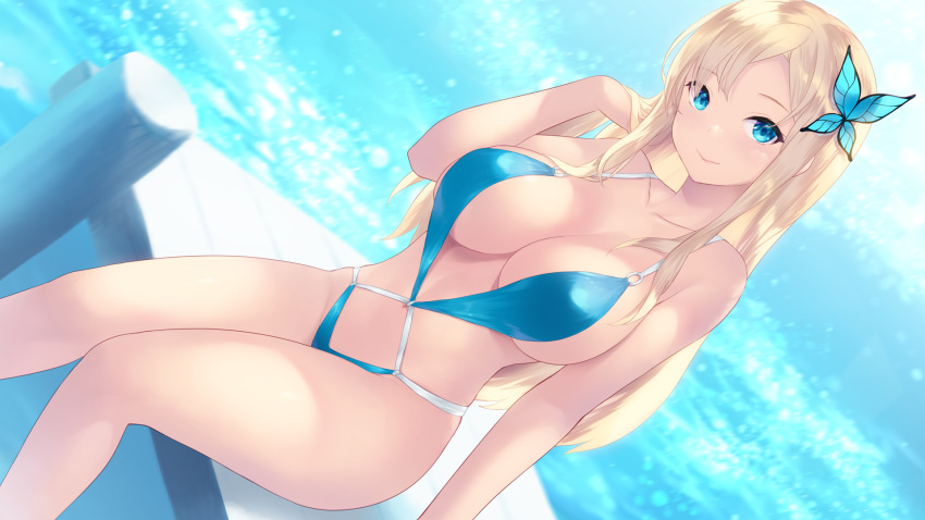 bikini blonde_hair blue_eyes boku_wa_tomodachi_ga_sukunai butterfly_hair_ornament cait_aron gold_hair huge_breasts looking_at_viewer ocean sena_kashiwazaki sideboob smile smiling_at_viewer swimsuit