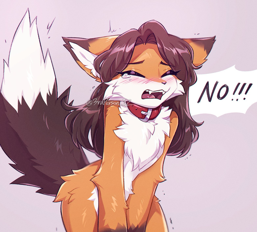 1girls 3rdperson_iz annoyed anthro blush blush_lines brown_fur brown_hair closed_eyes collar crying cute eyes eyess_closed female female_focus female_only fox fox_ears fox_girl fox_tail furry furry_only long_hair nude open_mouth orange_fur simple_background solo standing tearing_up tears white_fur