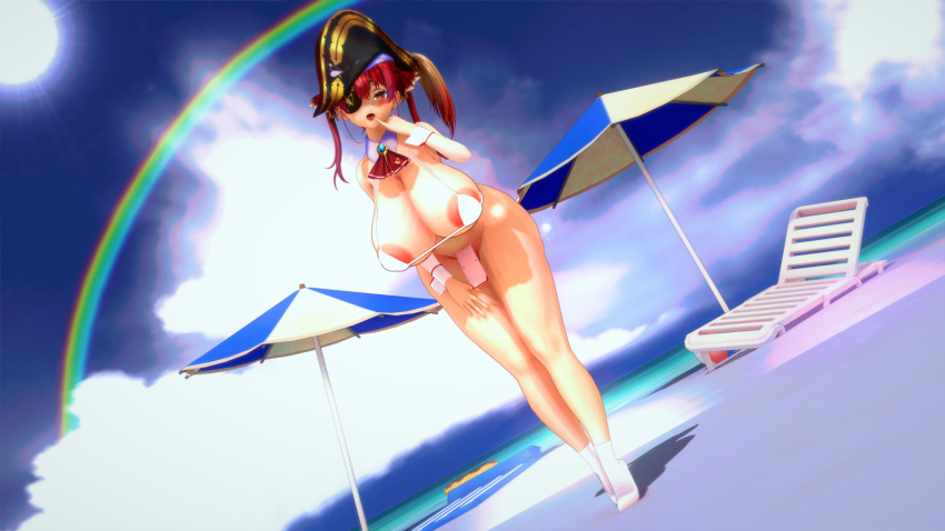 1girls 3d beach curvy eyepatch female finger_to_mouth high_heels hololive hololive_fantasy hololive_japan houshou_marine huge_breasts koikatsu micro_bikini no_panties pirate_hat rainbow socks sole_female umbrella virtual_youtuber