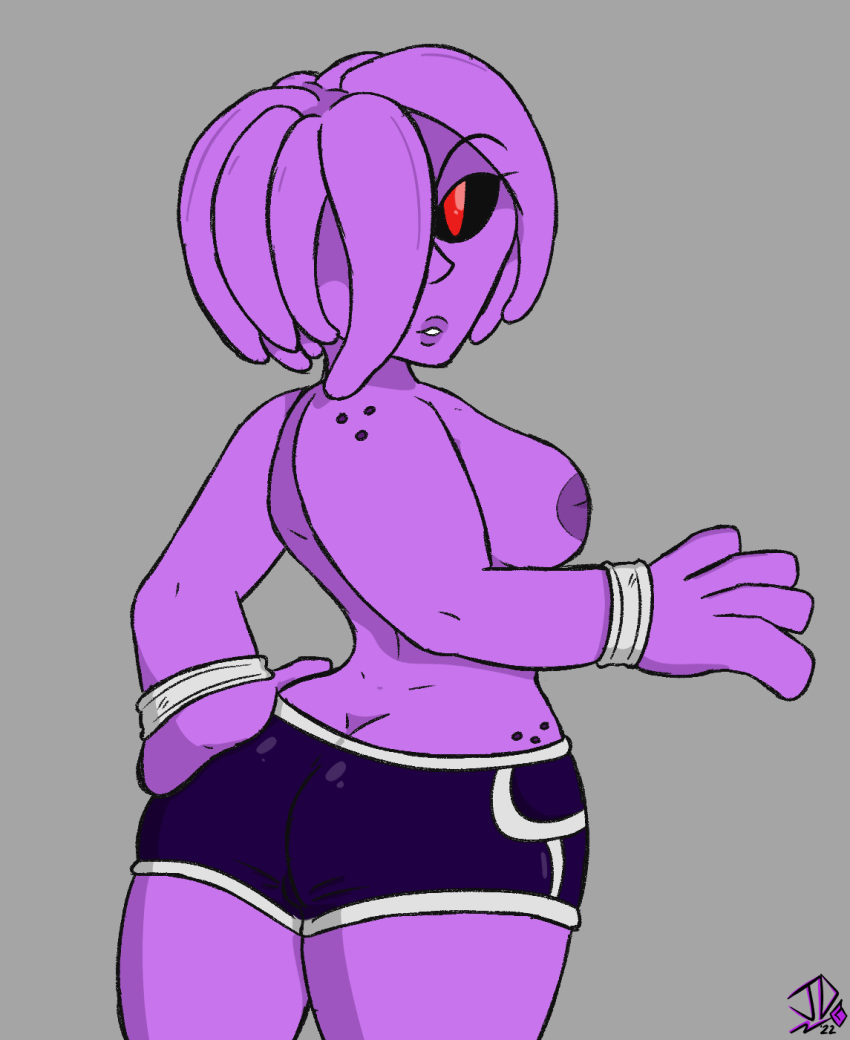 anthro big_ass big_breasts black_sclera booty_shorts butt_crack dragon_ball_xenoverse female_majin hand_on_butt inverted_nipples majin monster_girl original_character rear_focus rear_view red_eyes seductive_look topless virus_lewds