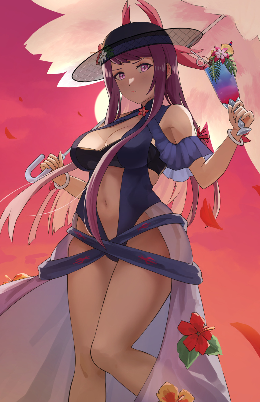 1girls absurdres bare_shoulders black_headwear blue_one-piece_swimsuit blue_swimsuit breasts cleavage clothing_cutout dress dress_swimsuit female female female_only fire_emblem fire_emblem_engage fire_emblem_heroes flower furrowed_brow hat highres ivy_(fire_emblem) ivy_(summer)_(fire_emblem) large_breasts long_hair mole mole_under_mouth navel nintendo official_alternate_costume one-piece_swimsuit pearlbbbb pout purple_eyes purple_hair solo stomach stomach_cutout swimsuit