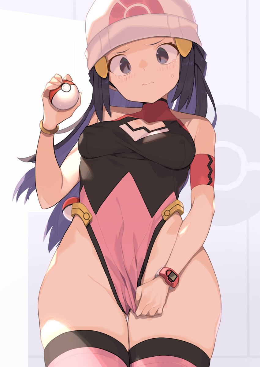 1girls adapted_costume armband ass_visible_through_thighs bare_hips bare_shoulders beanie big_breasts black_hair breasts cameltoe cleft_of_venus colored_inner_hair covered_navel covered_nipples cowboy_shot creatures_(company) cute dawn_(pokemon) erect_nipples erect_nipples_under_clothes eye_contact female female_only game_freak groin hair_ornament hat hi_res high_resolution highleg highleg_leotard highres holding holding_object holding_poke_ball hourglass_figure legwear leotard light-skinned_female light_skin long_hair looking_at_viewer medium_breasts nintendo nipple_bulge nipples no_bra no_panties pale-skinned_female pale_skin partially_visible_vulva pink_thighhighs poke_ball pokeball pokemon pokemon_(anime) pokemon_(game) pokemon_bdsp pokemon_dppt pokemon_trainer purple_eyes purple_hair sidelocks simple_background solo spring2013 thigh_gap thighhighs thong_leotard tight_clothing waist_poke_ball white_headwear wide_eyed wide_hips