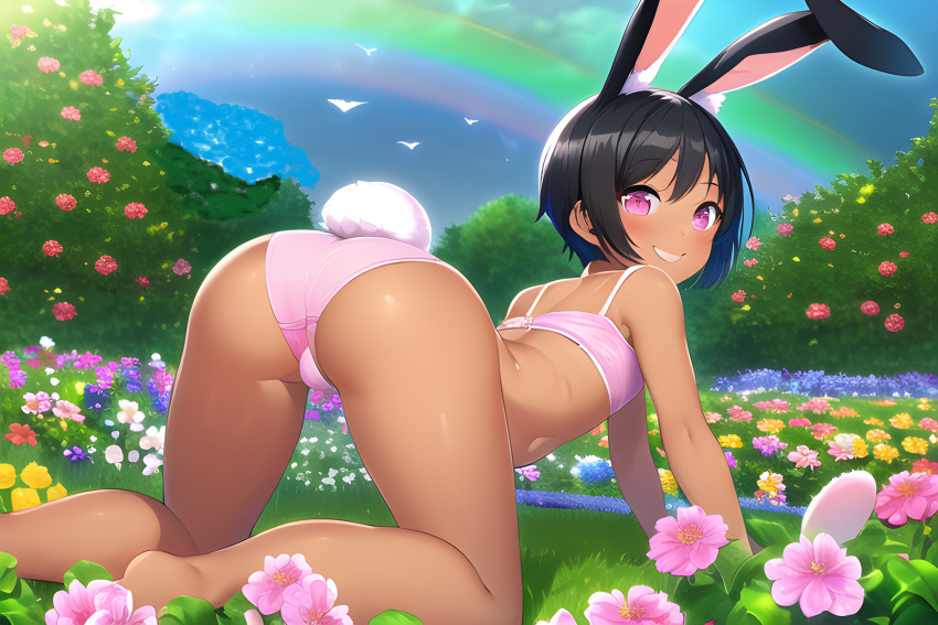 1boy ai_generated all_fours ass ass_focus big_ass big_butt black_hair bunny_ears bunny_tail crop_top femboy flower garden girly looking_at_viwer looking_back novelai panties pink_eyes presenting_hindquarters rabbit_ears rabbit_tail rainbow rear_view short_hair smile smiling smiling_at_viewer