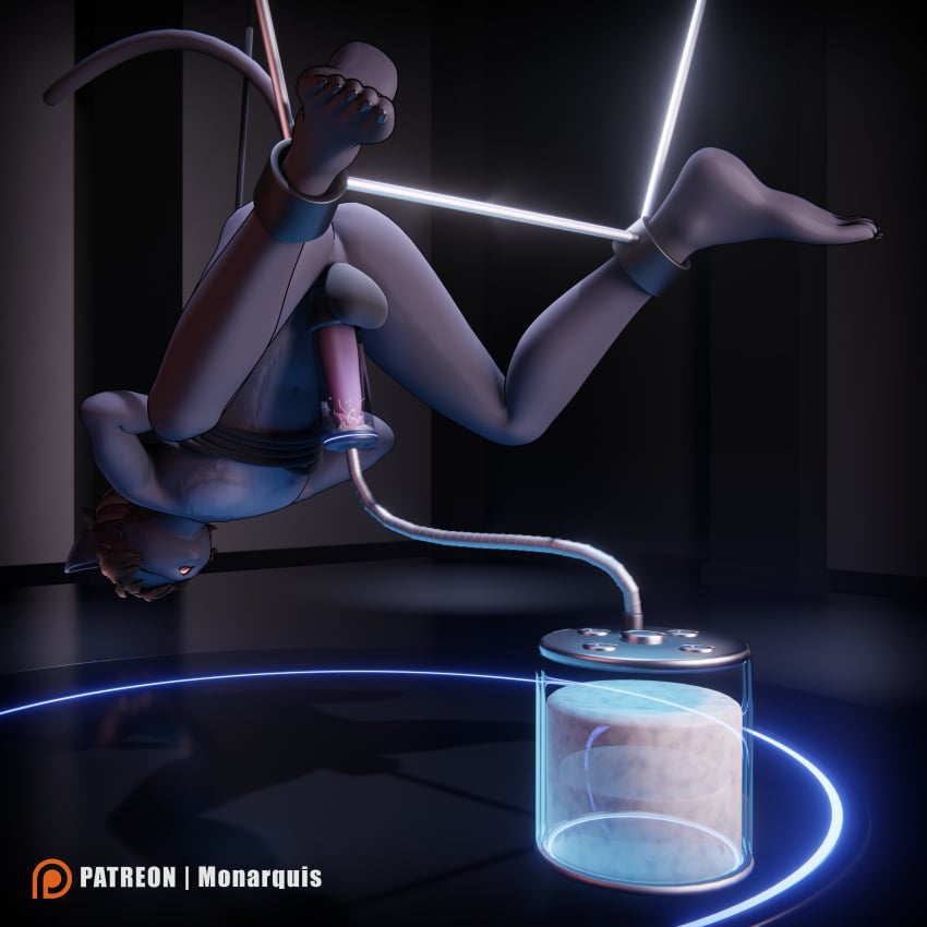 3d_(artwork) absurd_res anthro balls bodily_fluids cum cum_machine digital_media_(artwork) domestic_cat felid feline felis fur genital_fluids genitals grey_body grey_fur hi_res laboratory machine_sex male mammal monarquis orgasm_face penis romy solo