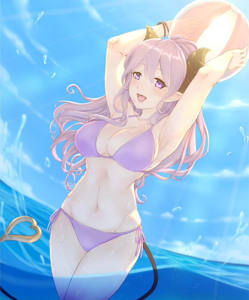 1girls 774_inc. armpits arms_up ball beach_ball belly_button big_breasts bikini blush breasts female female_only happy honey_strap horns light-skinned_female light_skin looking_at_viewer nanashi_inc. other_(other5487/other5555/s50175) purple_bikini purple_eyes purple_hair saionji_mary solo succubus swimsuit tail virtual_youtuber water