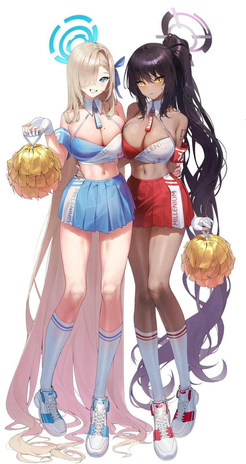 2girls asuna_(blue_archive) black_hair blonde_hair blue_archive blue_eyes brown_skin cheerleader cheerleader_uniform chocolate_and_vanilla cleavage dark-skinned_female dark_skin female gloves hair_over_one_eye halo hi_res karin_(blue_archive) light-skinned_female light_skin long_hair millennium_cheerleader_outfit_(blue_archive) millennium_science_school_logo_(blue_archive) millennium_science_school_student naughty_face navel ponytail sbgu smile socks very_long_hair yellow_eyes