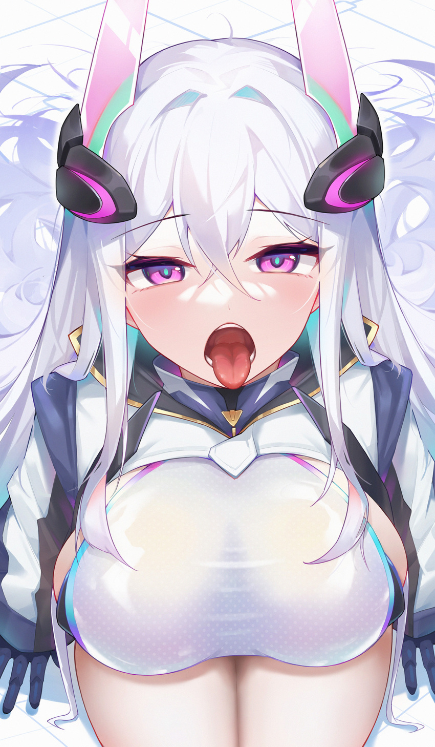 ahe_gao alternate_version_available azur_lane bed bedroom breasts gloves hair_between_eyes highres huge_breasts kearsarge_(azur_lane) large_breasts long_hair pleasure_face purple_eyes thick_thighs tongue tongue_out white_hair