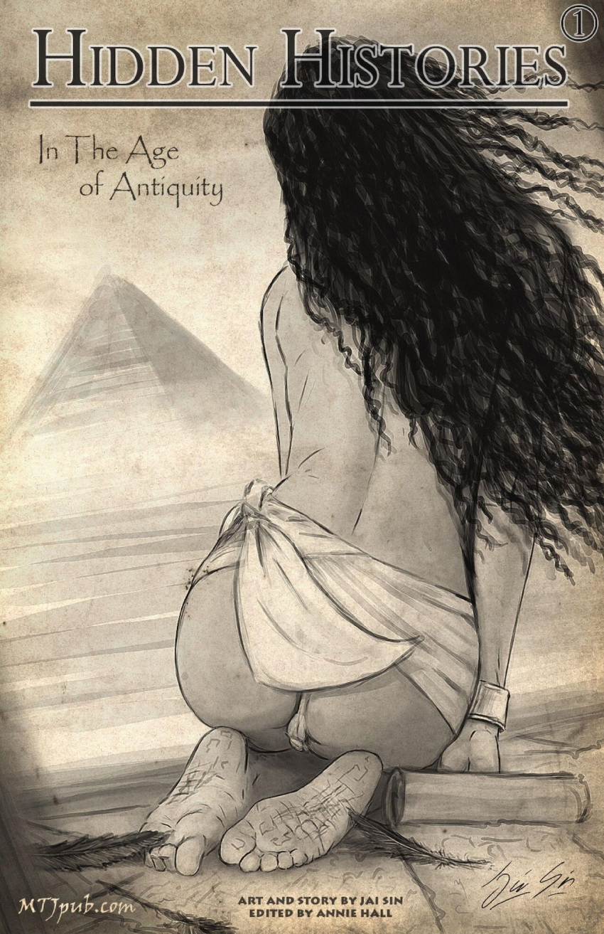 1girls 2013 ancient_egypt ass ass_focus body_writing dated egyptian egyptian_female feet foot_focus foot_writing g-string history jai_sin loincloth middle_eastern_female monochrome panties pyramid rear_view solo_female story