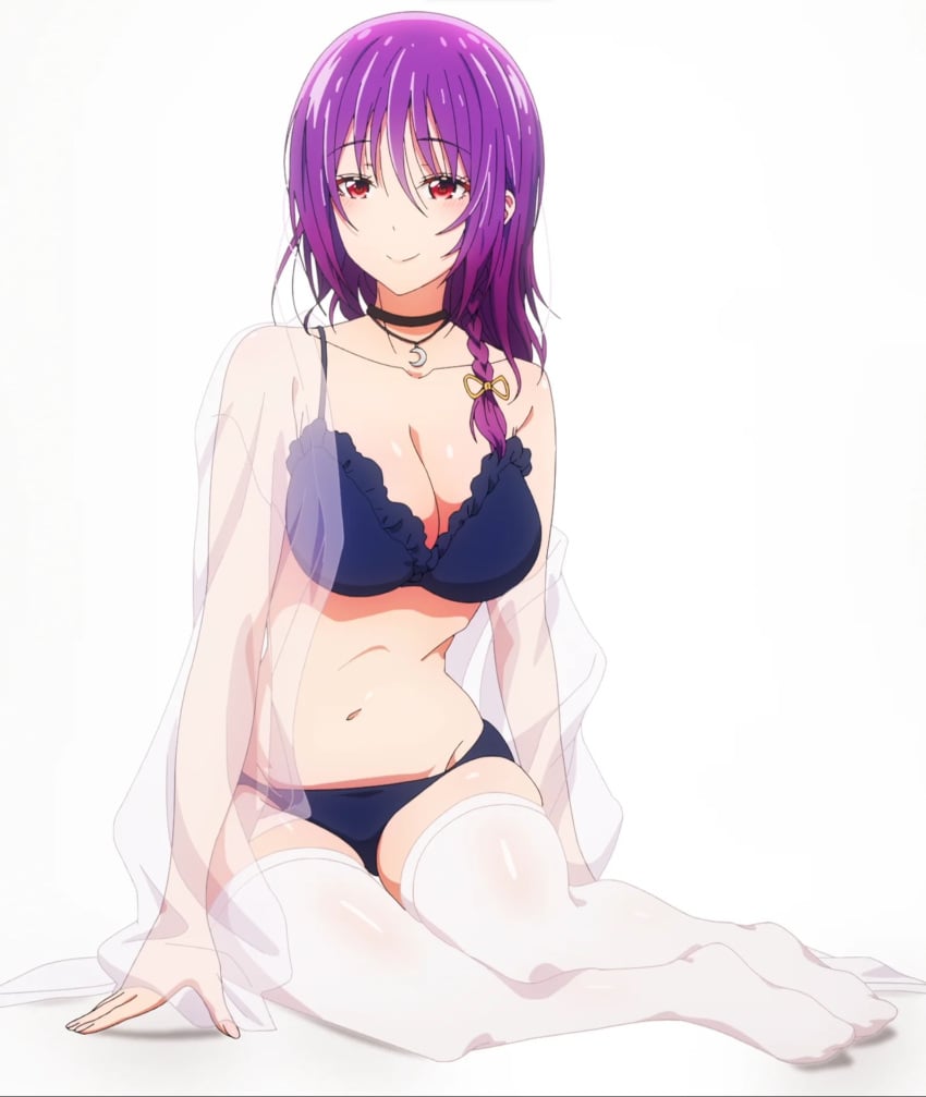 1girls accurate_art_style aoba_yuzuki bra breasts large_breasts panties purple_hair red_eyes screencap simple_background tenpuru thighhighs thighs tummy underwear white_background