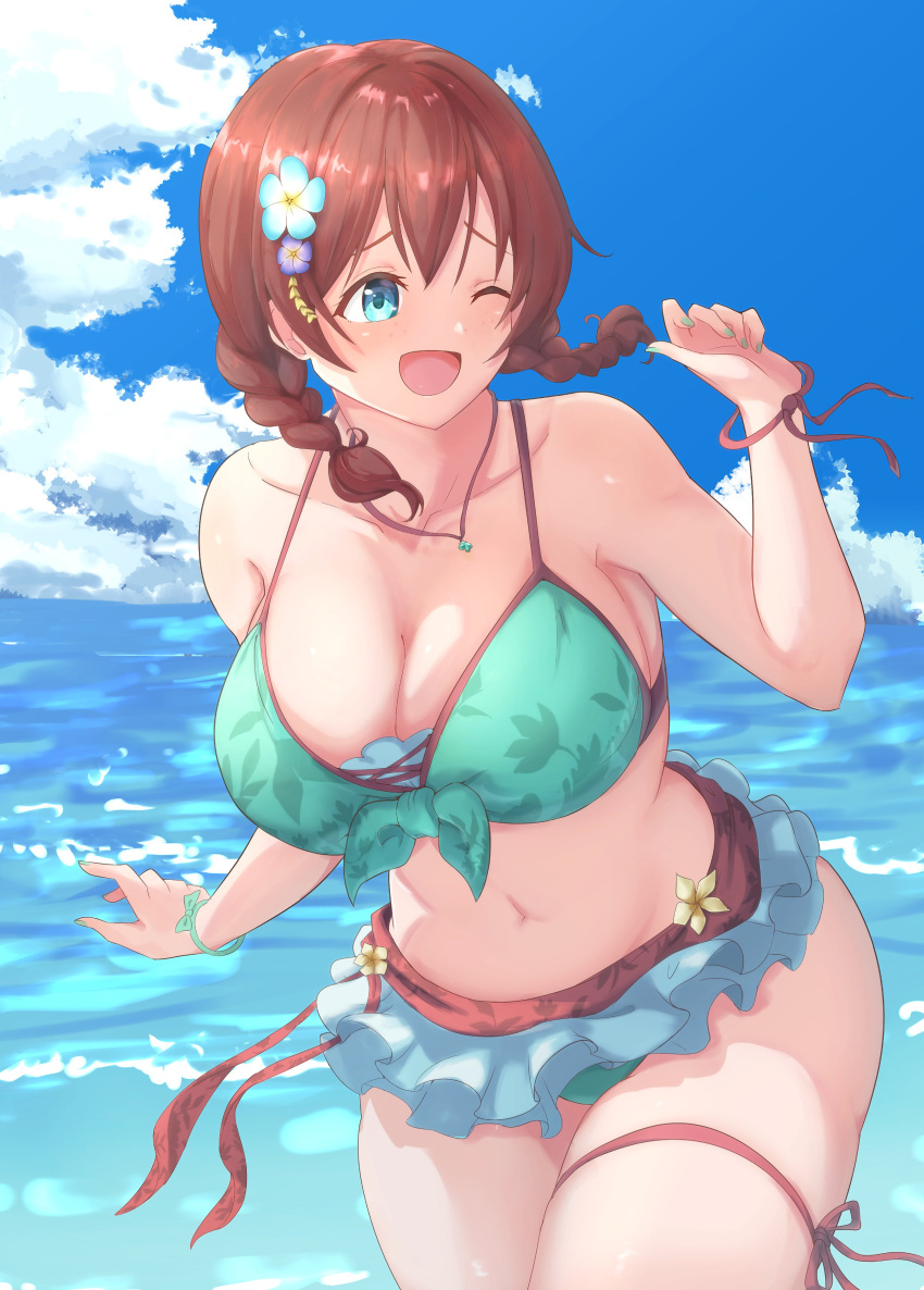 :d arm_up artist_request beach bikini cowboy_shot emma_verde freckles frilled_swimsuit green_fingernails happy huge_breasts huge_thighs looking_at_another love_live! love_live!_nijigasaki_high_school_idol_club ocean one_eye_closed painted_fingernails partially_submerged running skindentation smile swimsuit thick_thighs water wide_hips