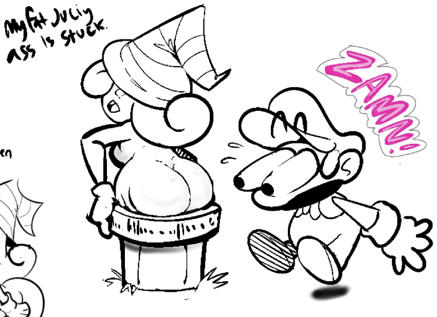 1boy 1girls ass ass_awe awooga big_ass breasts bulging_eyes eyes_bugging_out ghost ghost_girl hat male mario mario_(series) naked nude paper_mario paper_mario:_the_thousand-year_door pipes sideboob sketchydrawin stuck stuck_in_pipe vivian_(paper_mario) warp_pipe zamn!