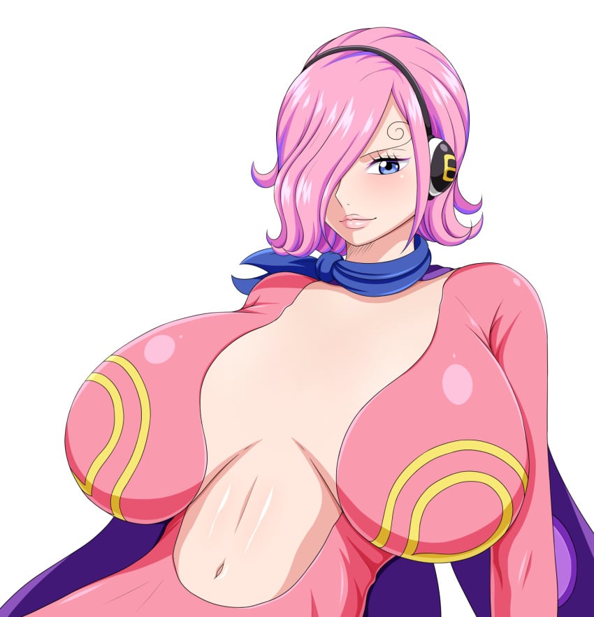 big_breasts breasts female female_only headphones huge_breasts koktter large_breasts navel one_piece pink_hair scarf shounen_jump vinsmoke_reiju white_background