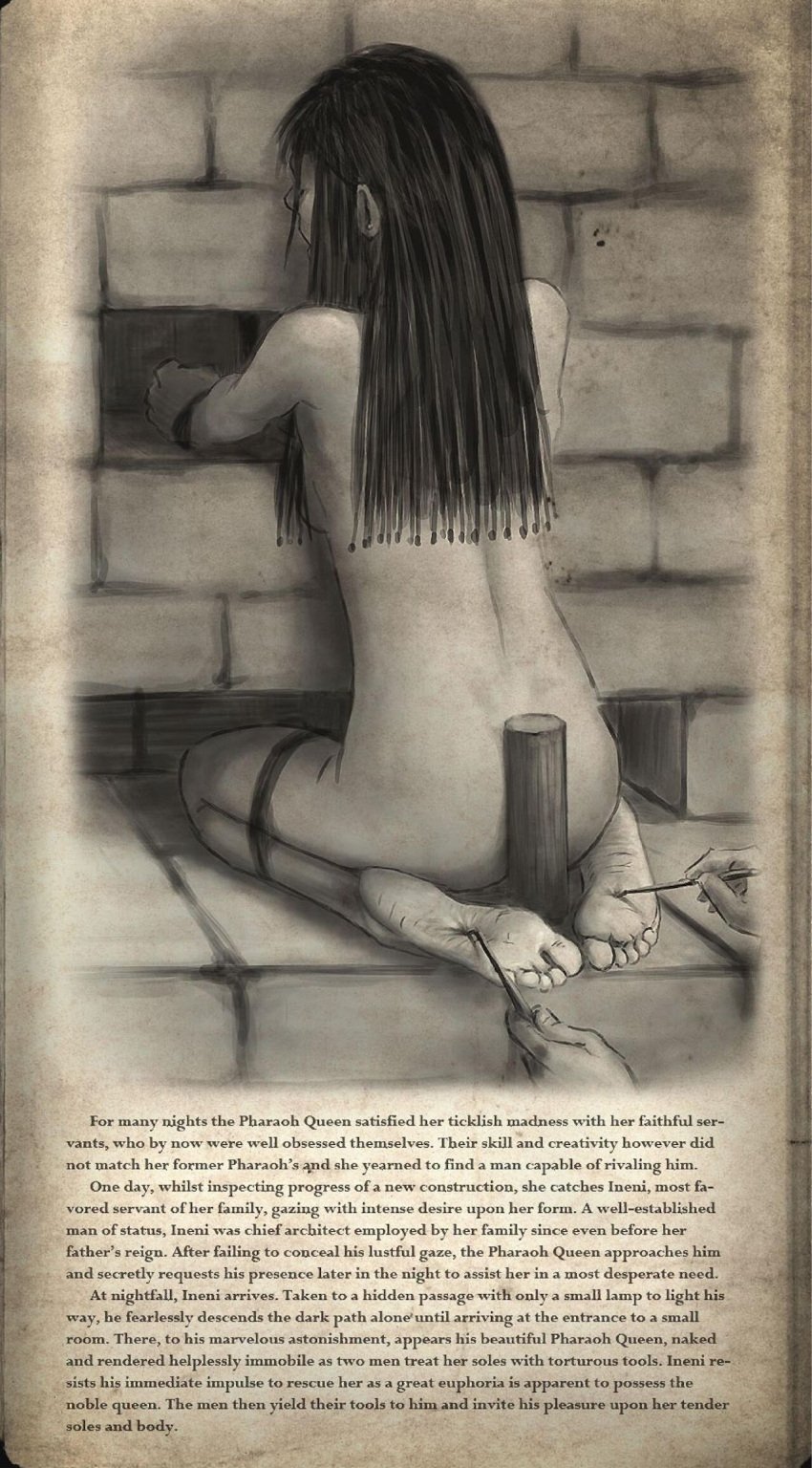 1boy 1girls 2013 against_wall ancient_egypt ancient_history ass bondage caption dated egyptian egyptian_female feet foot_fetish hatshepsut history jai_sin kneeling monochrome queen rear_view rope_bondage royalty story text tickle_torture tickling tickling_feet