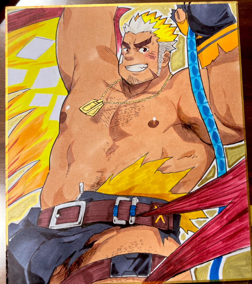 1boy armpit_hair armpit_peek arms_up bandaid bandaid_on_cheek bandaid_on_face bara beard_stubble blush chest_hair dark-skinned_male dark_skin dog_tags fai_(fai-storage) goatee_stubble highres large_belt long_sideburns male male_focus male_only muscular muscular_male nipples orange_hair pants penis penis_peek plump red_eyes scar scar_on_cheek scar_on_face scar_on_forehead shikishi short_hair sideburns smile solo stomach strongman_waist thick_arms thick_eyebrows thick_thighs thighs tokyo_afterschool_summoners torn_clothes torn_jacket torn_pants ulaanbaatar_(tokyo_afterschool_summoners) v-shaped_eyebrows