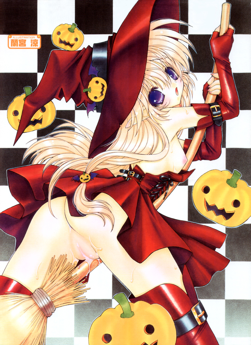 blonde_hair breasts broom broom_riding checkered checkered_background d: halloween hat highres jack-o'-lantern nipples no_bra no_panties nopan open_mouth oppai purple_eyes pussy pussy_juice ramiya_ryou vagina witch witch_hat