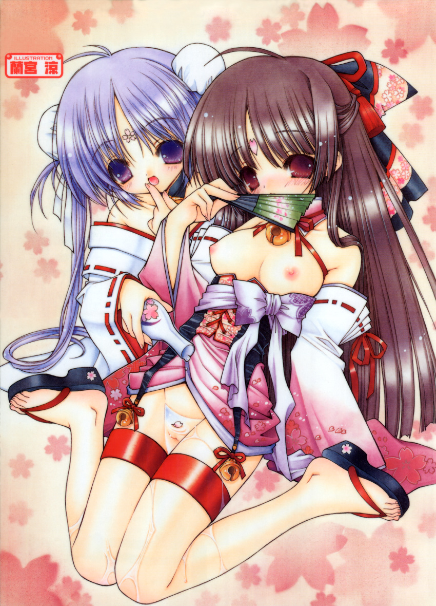 artist_name bow breasts brown_hair character_request copyright_request detached_collar double_bun fan hairbow high_resolution japanese_clothes kimono leg_garter miko multiple_girls nipples nopan okobo open_kimono open_mouth oppai paipan purple_eyes purple_hair pussy_juice ramiya_ryou red_eyes sake smile source_request uncensored vagina wakamezake