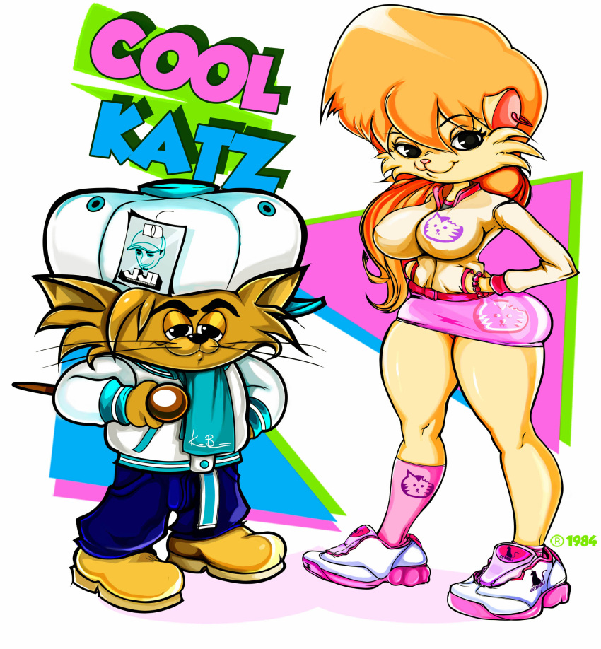 anthro ass breasts cleo_catillac clothed curvy duo feet full_body furry large_breasts larger_female looking_at_viewer male mammal miniskirt nipple_bulge perky_breasts riff-raff shadowal size_difference skirt smaller_male standing the_catillac_cats