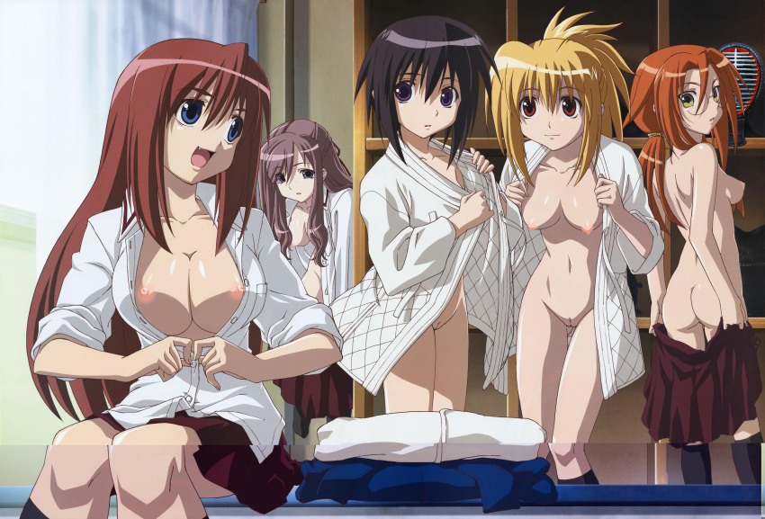 5girls azuma_satori bamboo_blade chiba_kirino kawazoe_tamaki kuwahara_sayako miyazaki_miyako multiple_girls nipples nopan open_clothes open_shirt oppai photoshop shirt undressing vagina