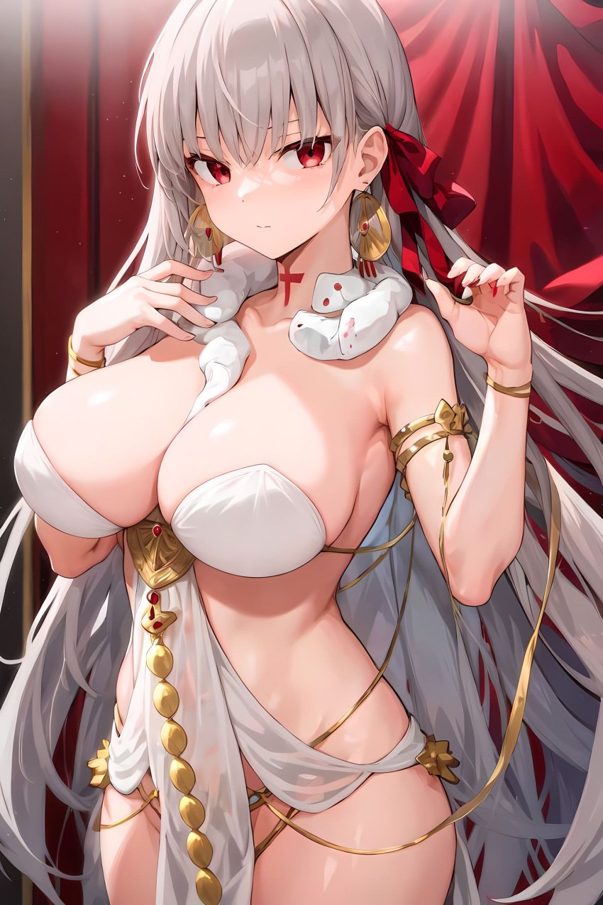 1girls ai_generated breasts durga_(fate) fate/grand_order fate_(series) female large_breasts light-skinned_female light_skin long_hair red_eyes revealing_clothes ribbon_in_hair simple_background smile stable_diffusion white_hair